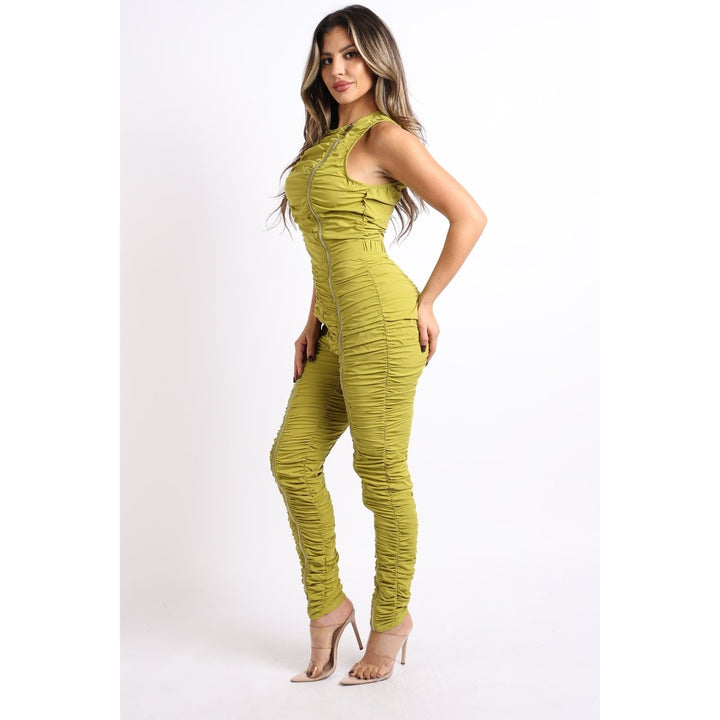 Track Zipper Ruched Jumpsuit Ruffle Dress Bodycon Jumpsuit CHARTREUSE Image 4