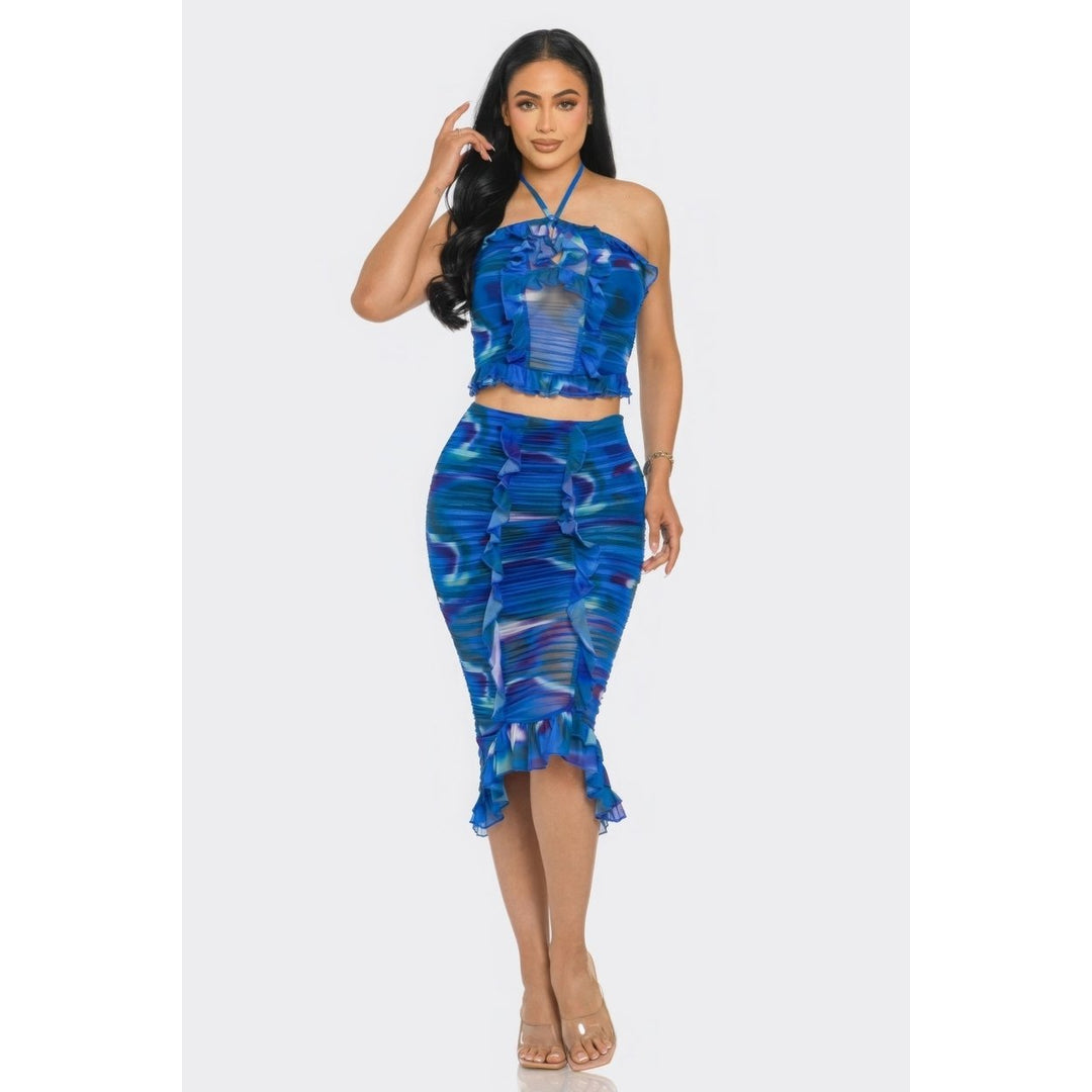 Tropical Waters Print Mesh Ruffle Halter Skirt Set Image 1