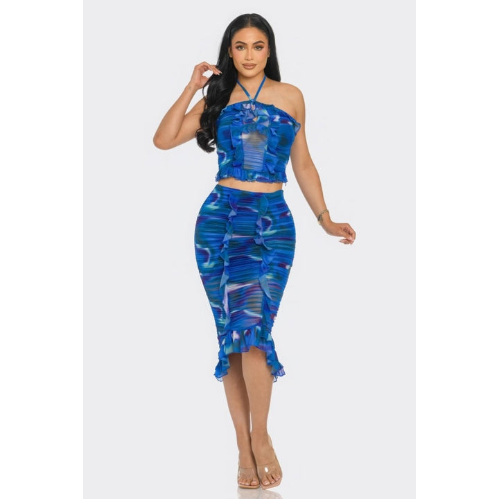 Tropical Waters Print Mesh Ruffle Halter Skirt Set Image 2