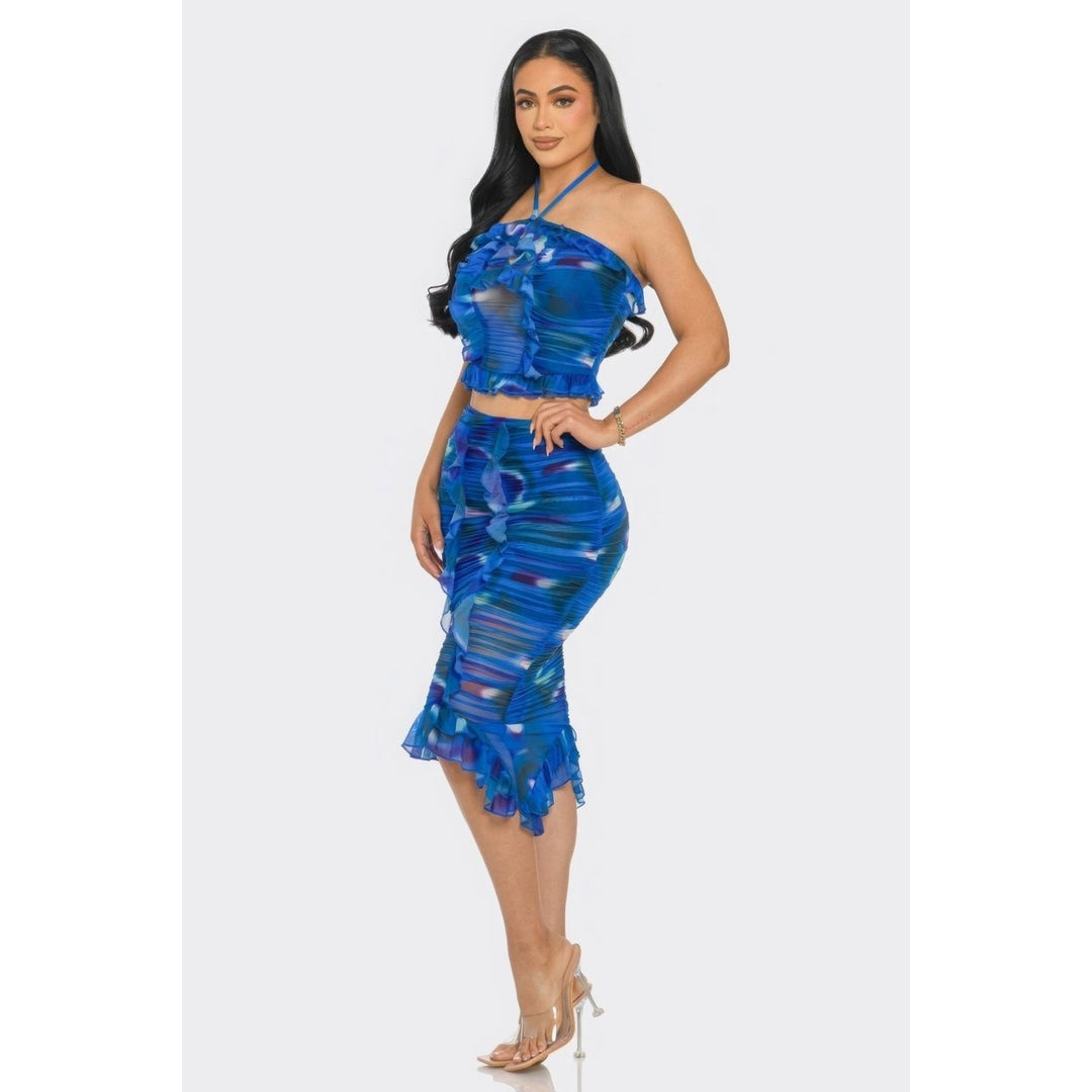 Tropical Waters Print Mesh Ruffle Halter Skirt Set Image 3