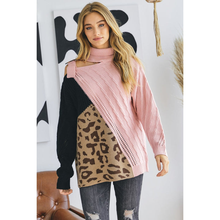 Turtle Neck Color Block Cutout Sweater Image 1