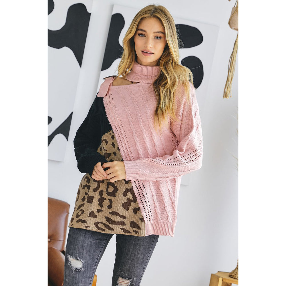 Turtle Neck Color Block Cutout Sweater Image 2