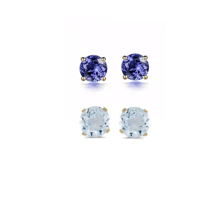 Paris Jewelry 24k Yellow Gold 3Ct Created Tanzanite and Aquamarine 2 Pairs Round Stud Earrings Plated Image 1