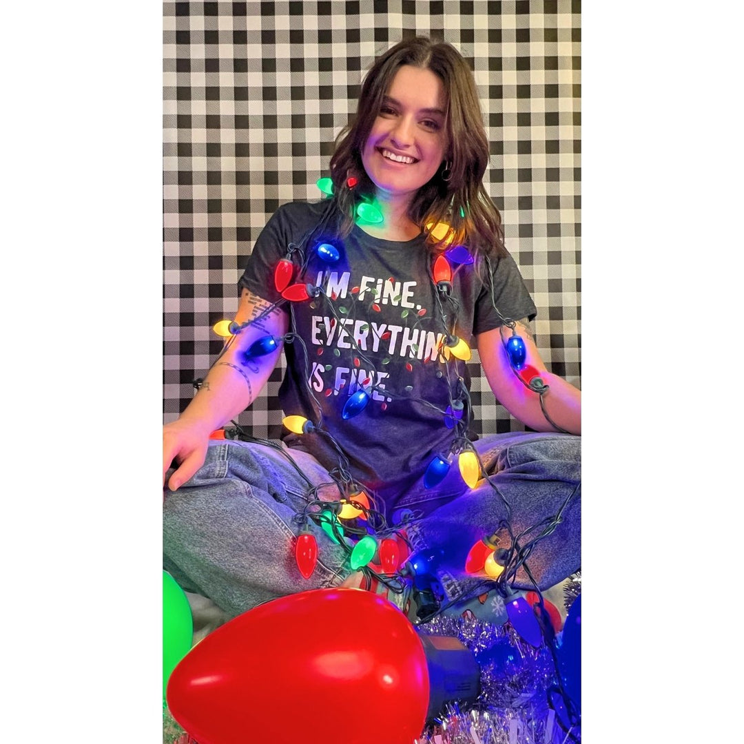 Womens Im Fine Everything Is Fine T Shirt Funny Xmas Lights Decoration Tee For Ladies Image 4