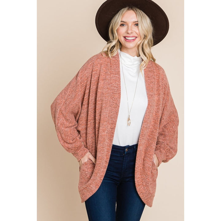 Two Tone Open Front Warm And Cozy Circle Cardigan With Side Pockets Image 1