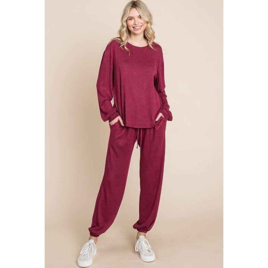 Two Tone Solid Warm And Soft Hacci Brush Loungewear Set Image 1