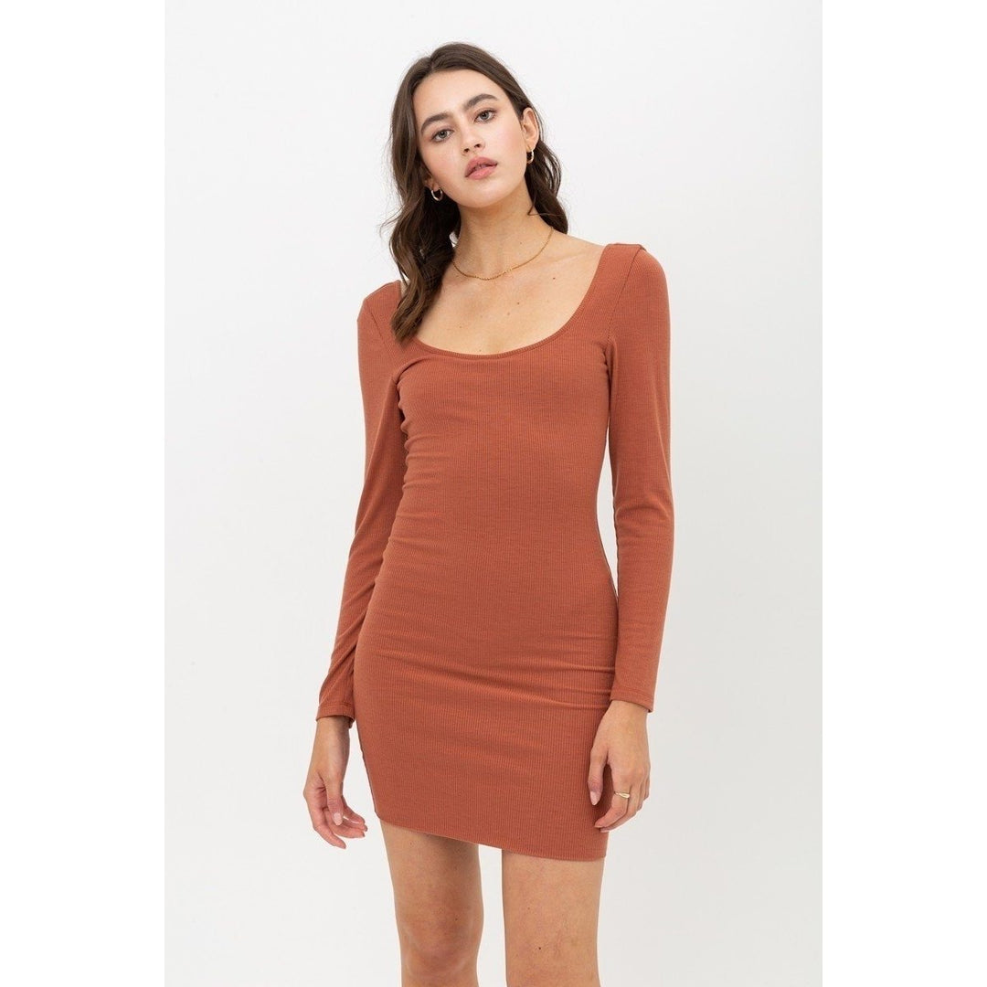 U Neck Of Front And Back Side Basic Rib Dress With Long Sleeve Image 1