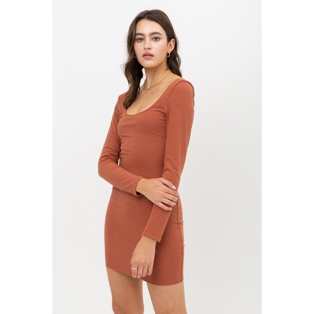 U Neck Of Front And Back Side Basic Rib Dress With Long Sleeve Image 3