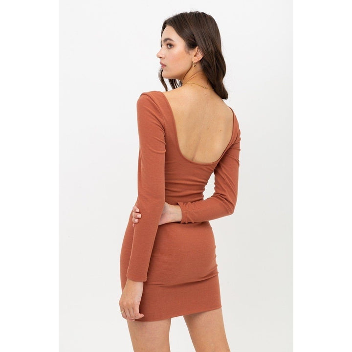 U Neck Of Front And Back Side Basic Rib Dress With Long Sleeve Image 4