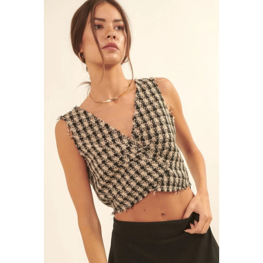 V Neckline Plaid Woven Vest Image 1