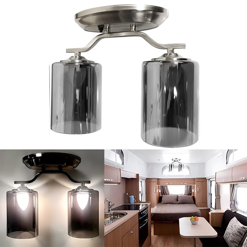 12V LED Ceiling Light Fixture Smoky Gray Glass Shade Warm White for RV Camper Image 1