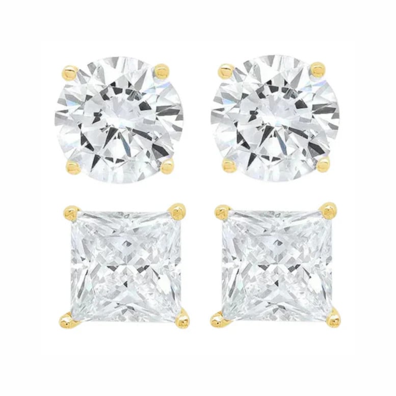 Paris Jewelry 14K Yellow Solid Gold Created White Diamond 1/4Ct 1/2Ct 1Ct 2Ct 3Ct Round And Princess Stud Earrings 2 Image 1