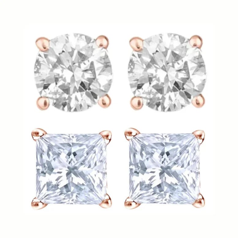 Paris Jewelry 14K Rose Solid Gold Created White Diamond 1/4Ct 1/2Ct 1Ct 2Ct 3Ct Round And Princess Stud Earrings 2 Pairs Image 1