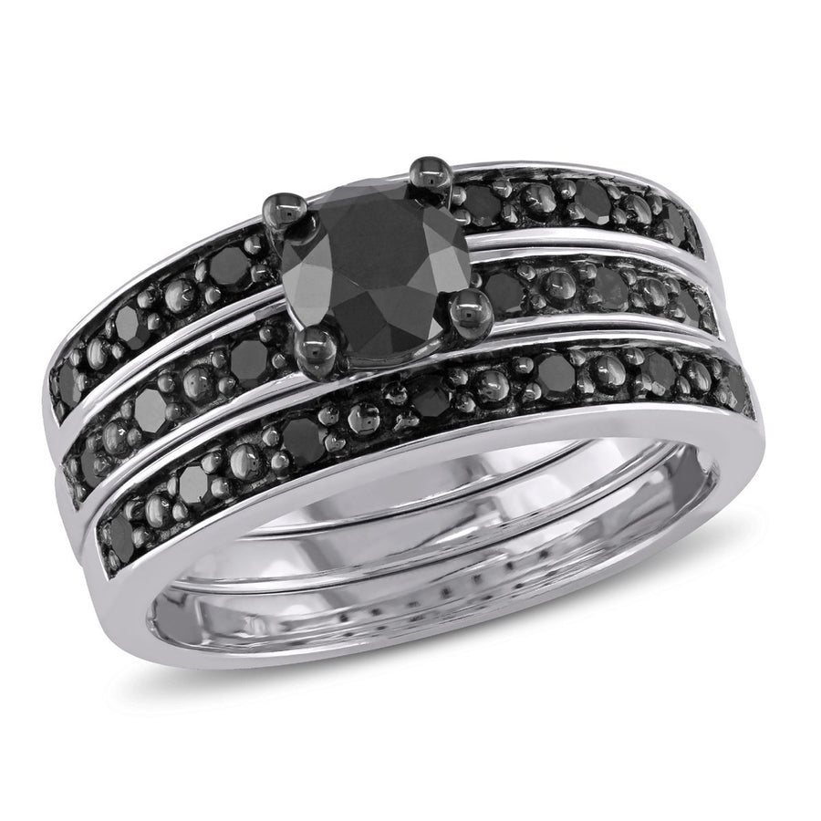 1.10 Carat (ctw) Black Diamond Engagement Ring and Wedding Band Set in Sterling Silver Image 1