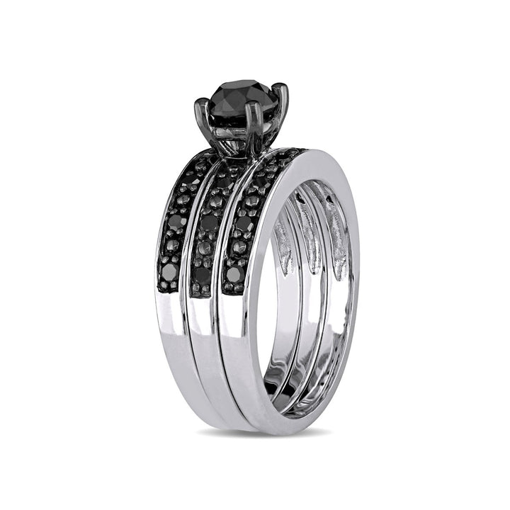 1.10 Carat (ctw) Black Diamond Engagement Ring and Wedding Band Set in Sterling Silver Image 4