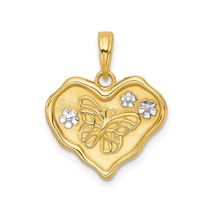 14K Yellow Gold Brushed Butterfly and Flowers Heart Pendant Charm (NO Chain) Image 1