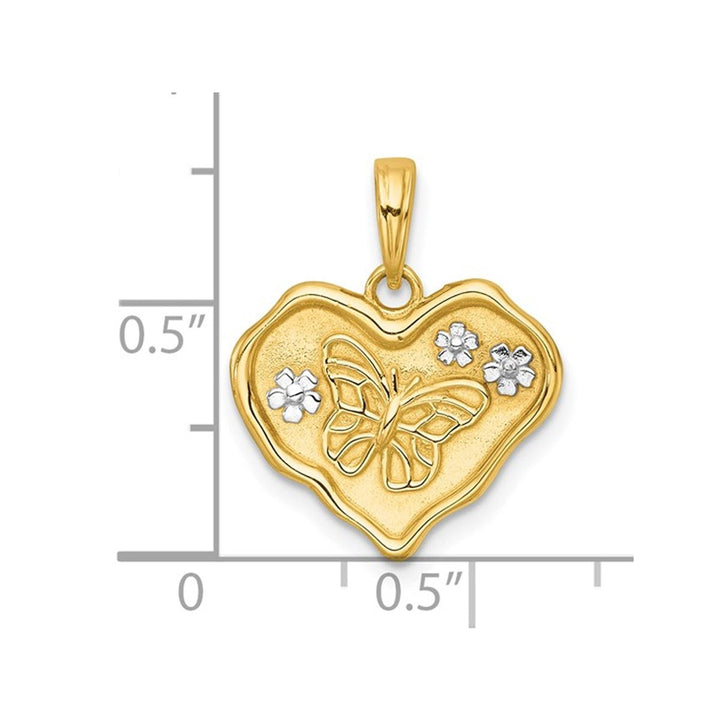 14K Yellow Gold Brushed Butterfly and Flowers Heart Pendant Charm (NO Chain) Image 4