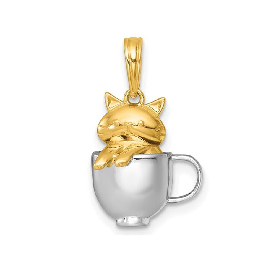 14K Yellow and White Gold Cat in a Mug Charm Pendant (No Chain) Image 1