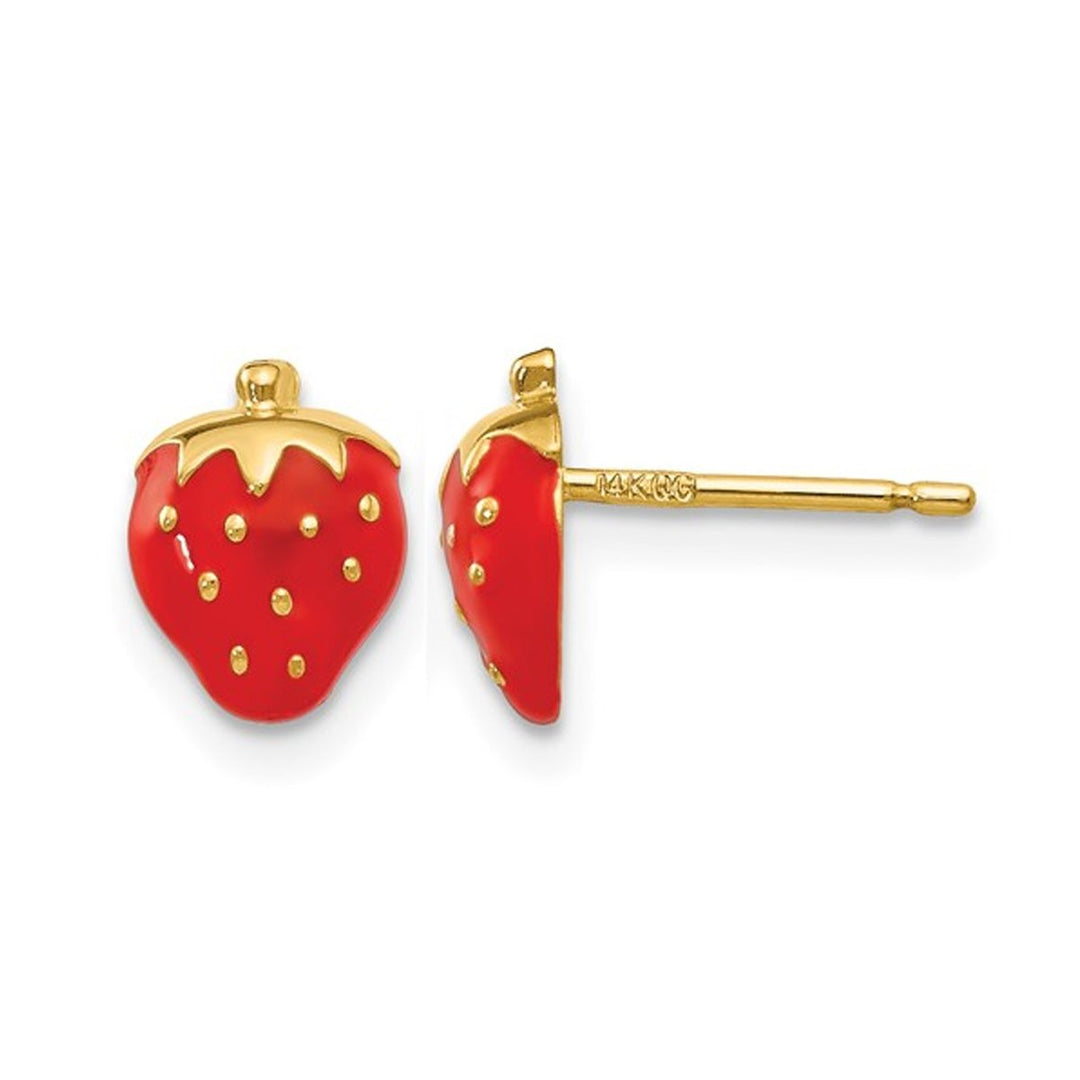 14K Yellow Gold Enamel Strwaberry Post Earrings Image 1