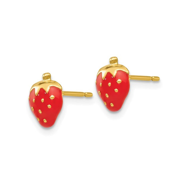 14K Yellow Gold Enamel Strwaberry Post Earrings Image 3