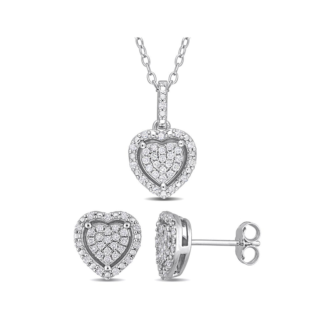 2/5 Carat (ctw) Diamond Cluster Heart Earrings and Pendant Set in Sterling Silver Image 1