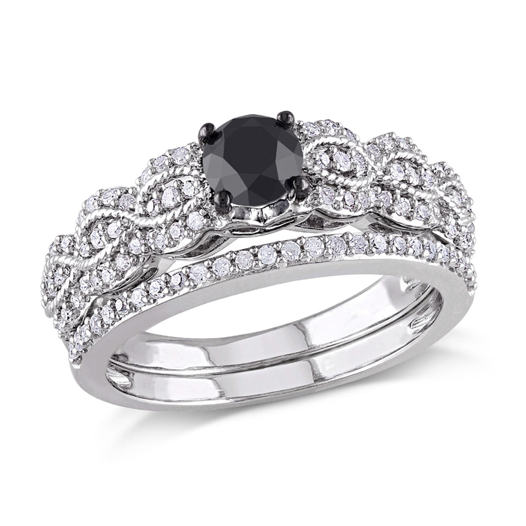 1.00 Carat (ctw) Black and White Diamond Engagement Ring and Wedding Band Set in Sterling Silver Image 1