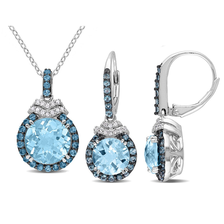 9.35 Carat (ctw) London Blue Topaz Halo Solitaire Earrings and Pendant Set in Sterling Silver with Chain Image 1