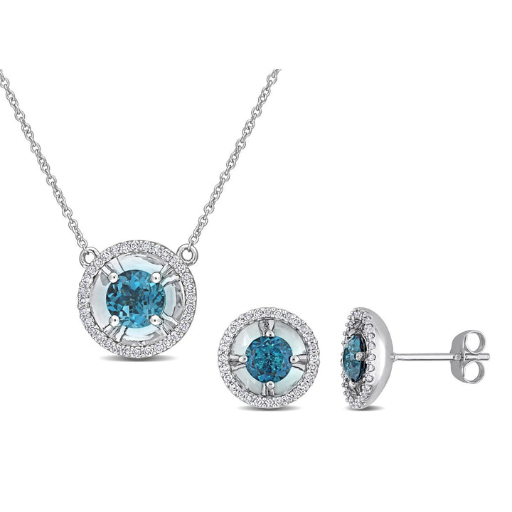 2.10 Carat (ctw) London Blue Topaz Pendant and Earrings Set in 10K White Gold Image 1