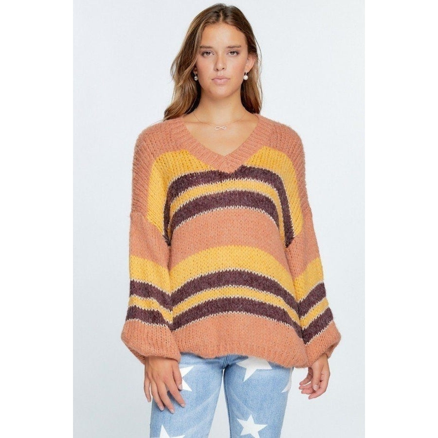 V-neck Cozy Thick Knit Stripe Pullover Sweater Image 1