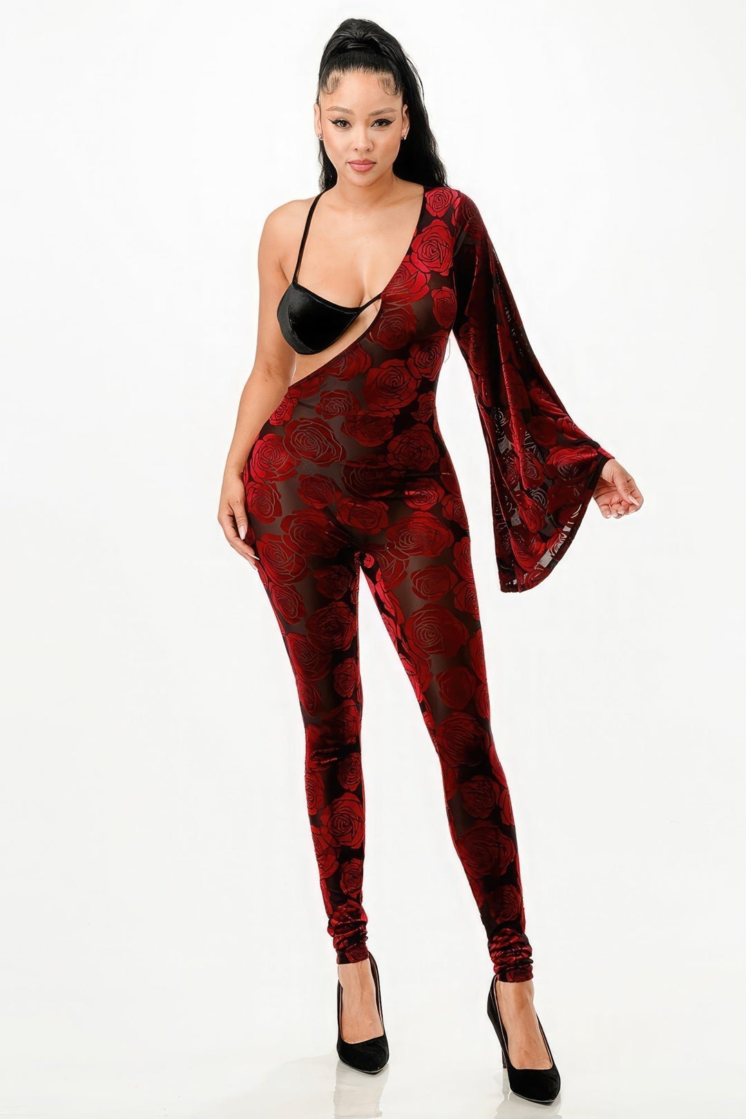 Velvet Flocking Jumpsuit/bell Sleeve Image 1