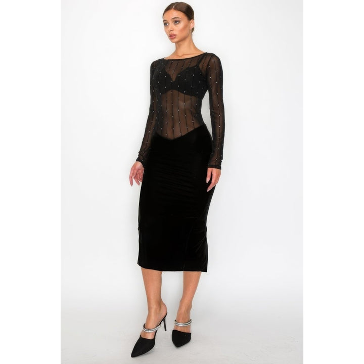 Velvet Sheer Contrast Holiday Midi Dress Image 3