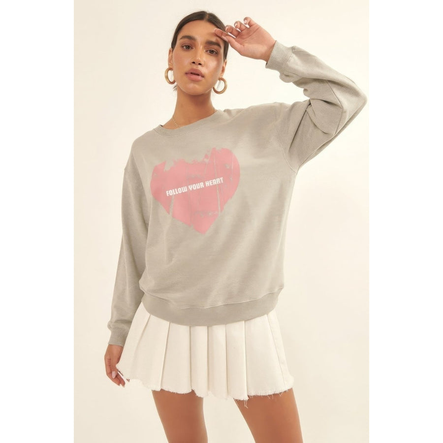 Vintage-style Heart Graphic Print French Terry Knit Sweatshirt Image 1