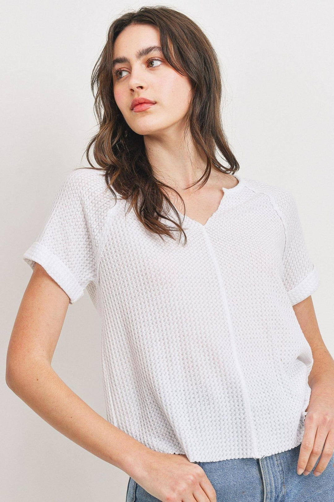 Waffle Raw Edge V-neck Rolled Up Short Sleeves Top Image 1