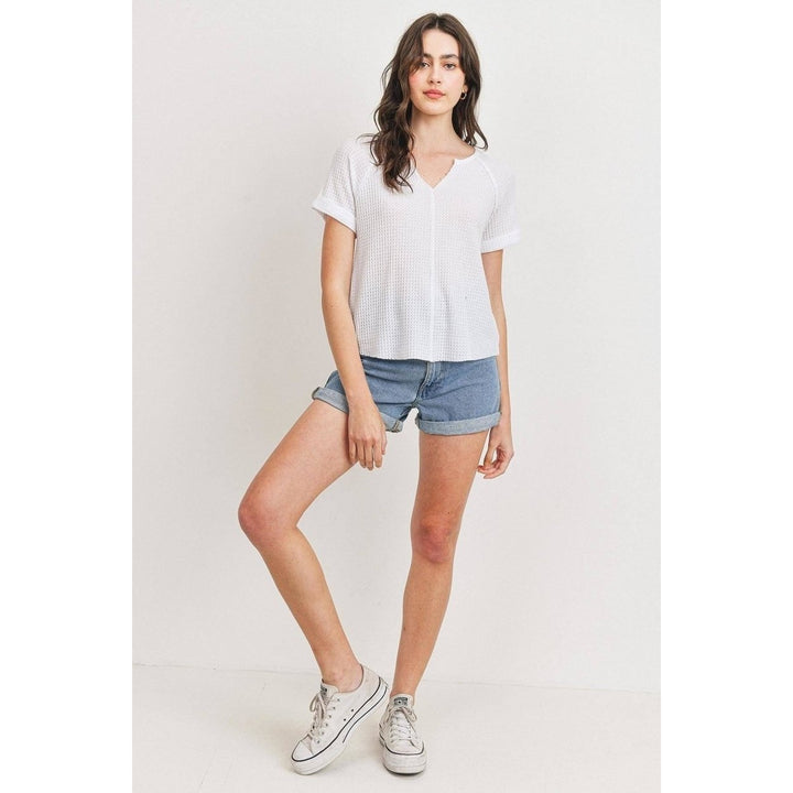 Waffle Raw Edge V-neck Rolled Up Short Sleeves Top Image 2