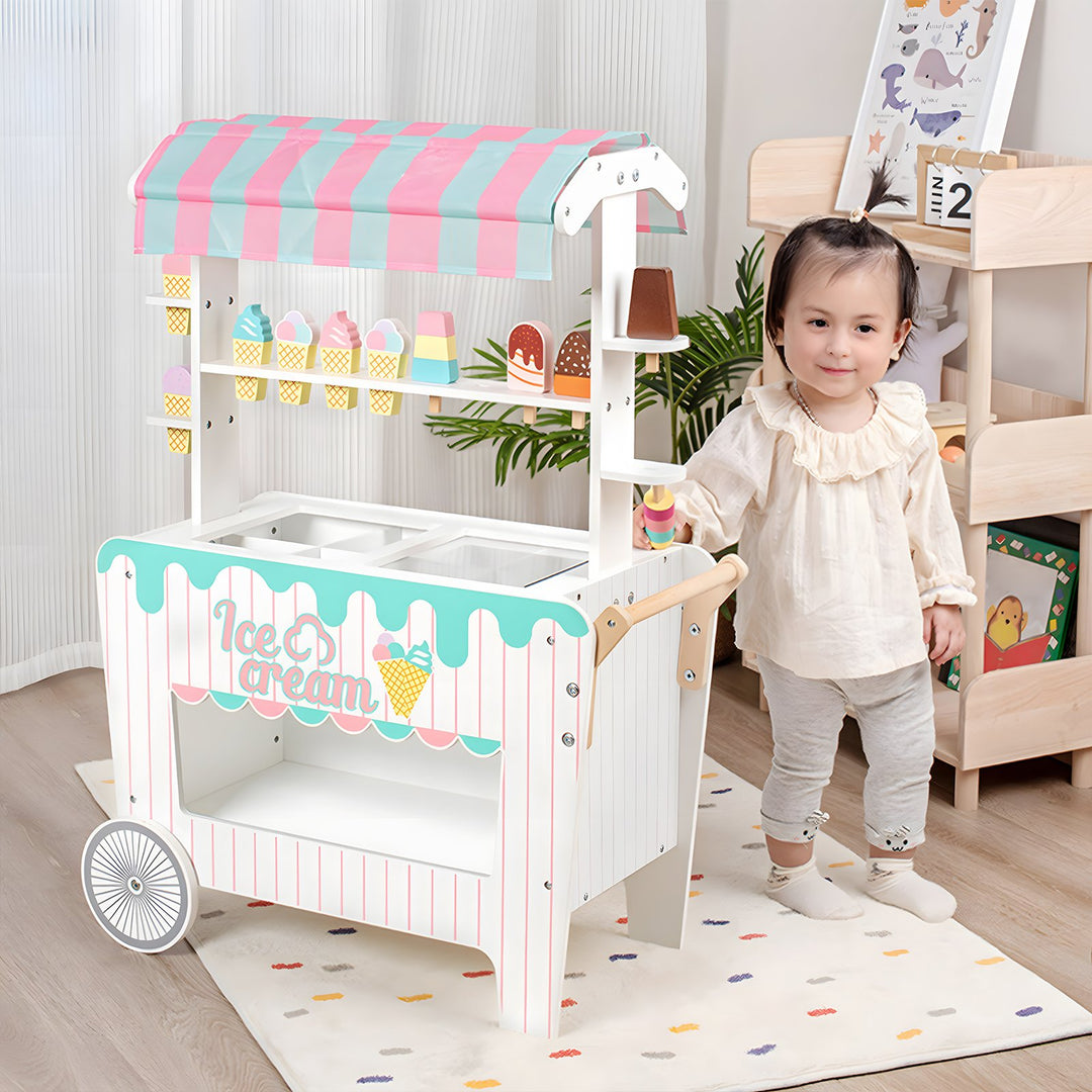 Kids Popsicle Cart Toy with Wheels Fine Grinding No Burr Surface Pretend Play Ice Cream Stall Toy Children Doll House Image 2