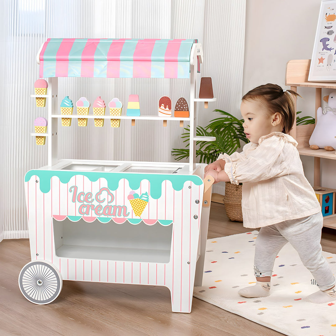 Kids Popsicle Cart Toy with Wheels Fine Grinding No Burr Surface Pretend Play Ice Cream Stall Toy Children Doll House Image 3