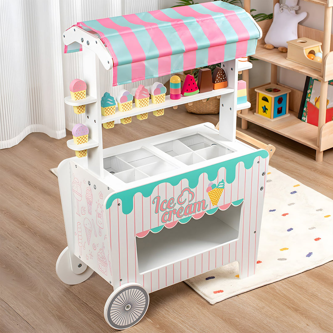 Kids Popsicle Cart Toy with Wheels Fine Grinding No Burr Surface Pretend Play Ice Cream Stall Toy Children Doll House Image 4