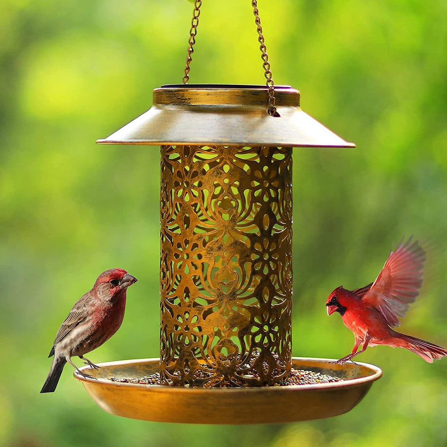 Solar Bird Feeder Outdoor Hanging Metal Wild Bird Feeder Garden Lantern with Hook Rust-Resistant Birds Food Feeder for Image 1