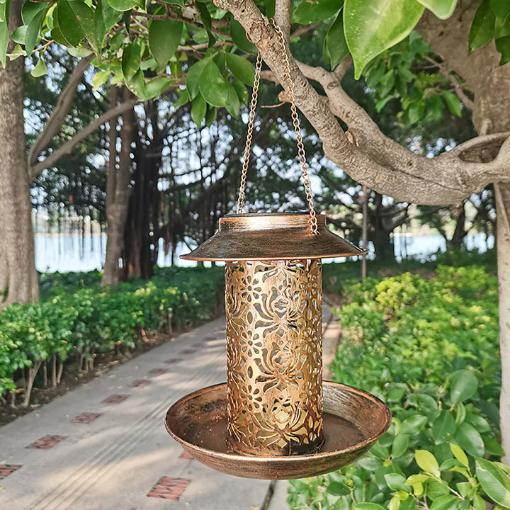 Solar Bird Feeder Outdoor Hanging Metal Wild Bird Feeder Garden Lantern with Hook Rust-Resistant Birds Food Feeder for Image 2