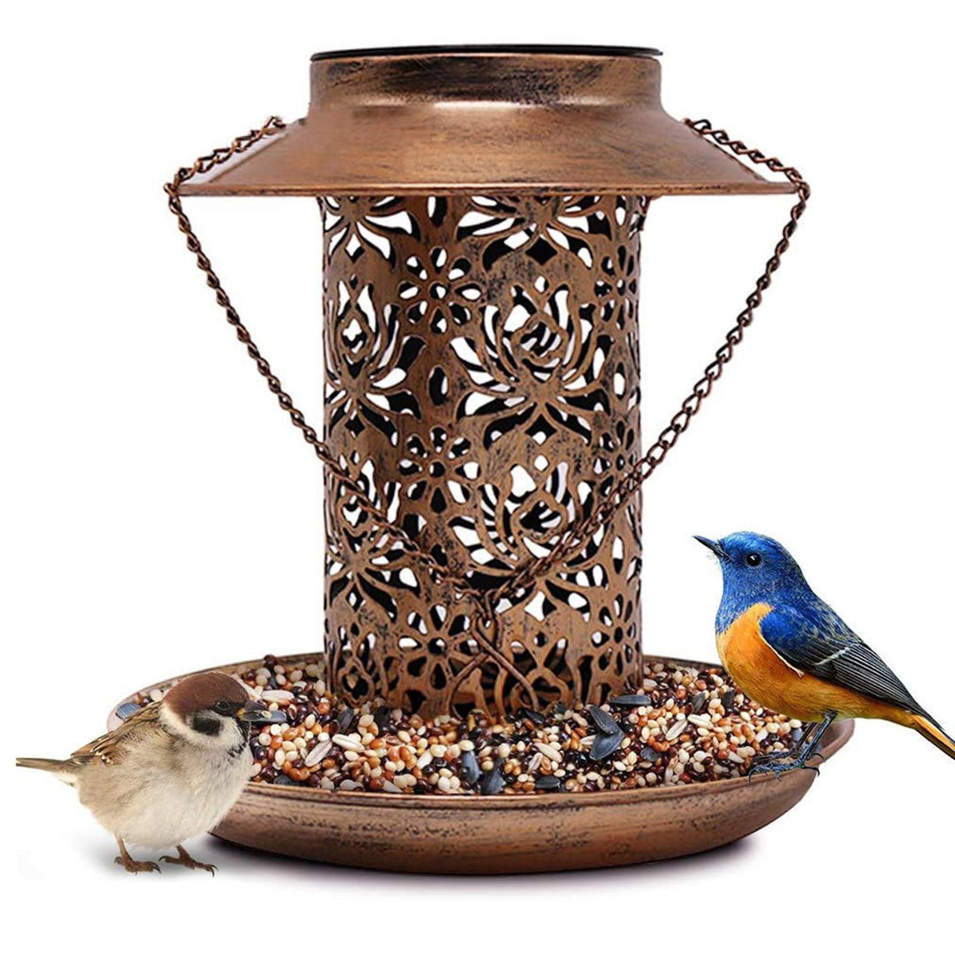 Solar Bird Feeder Outdoor Hanging Metal Wild Bird Feeder Garden Lantern with Hook Rust-Resistant Birds Food Feeder for Image 4