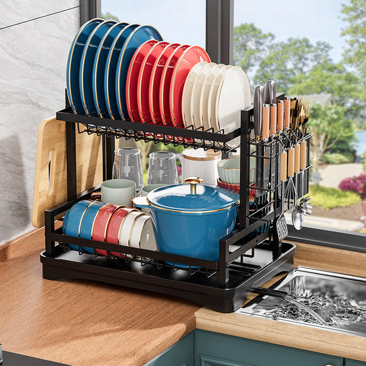 Multifunctional Dish Rack with Drainboard Rustproof Corrosion Resistant Strong Load-bearing Self-Draining 2-Tier Dish Image 7