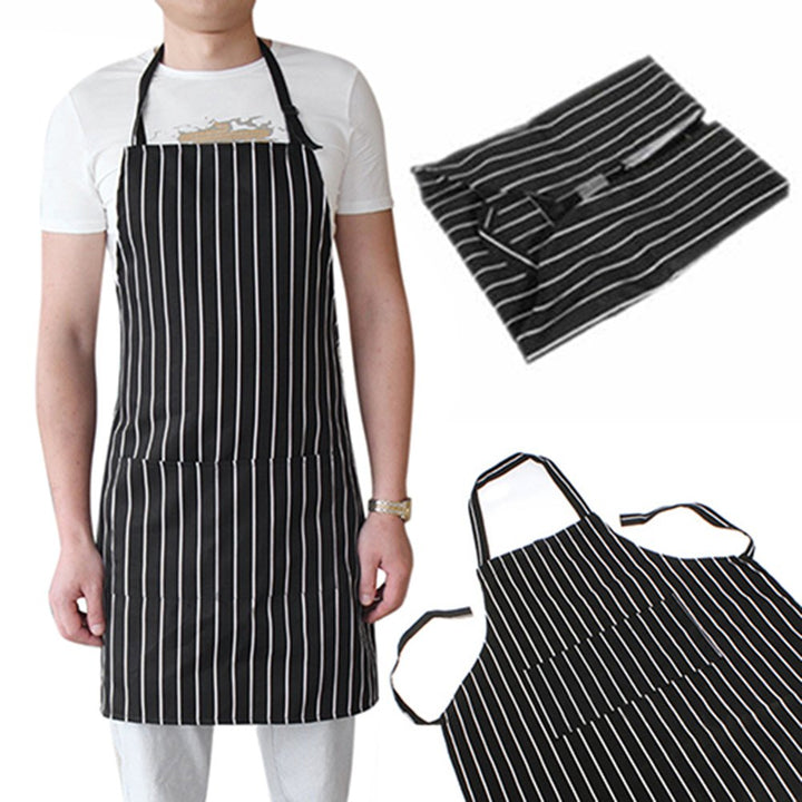 Adjustable Adult Black Stripe Bib Apron With 2 Pockets Chef Waiter Kitchen Cook Image 1