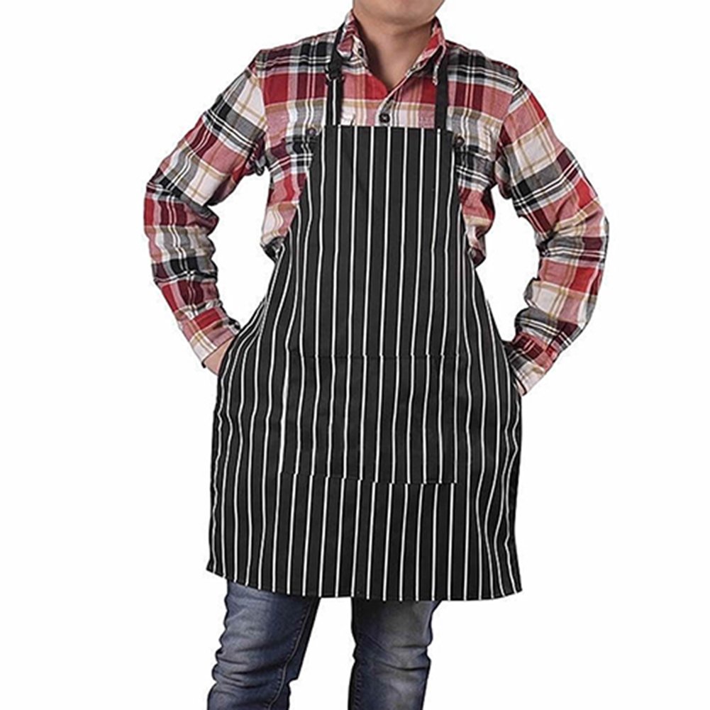 Adjustable Adult Black Stripe Bib Apron With 2 Pockets Chef Waiter Kitchen Cook Image 4