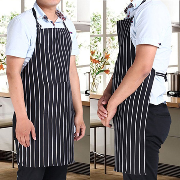 Adjustable Adult Black Stripe Bib Apron With 2 Pockets Chef Waiter Kitchen Cook Image 11