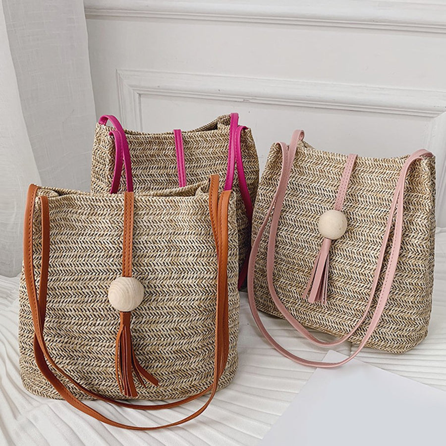 Summer Beach Women Straw Weave Handbag Wooden Ball Tassel Tote Shoulder Bag Image 1