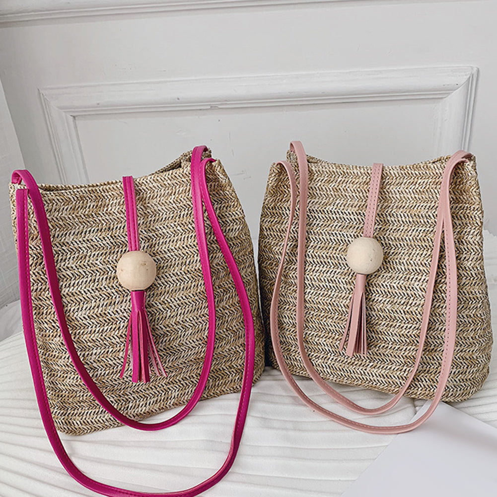 Summer Beach Women Straw Weave Handbag Wooden Ball Tassel Tote Shoulder Bag Image 2