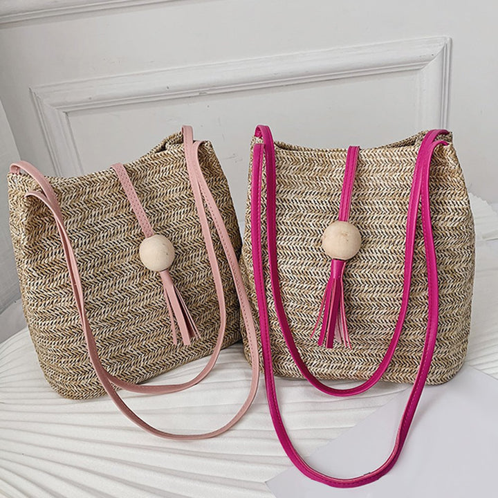 Summer Beach Women Straw Weave Handbag Wooden Ball Tassel Tote Shoulder Bag Image 3