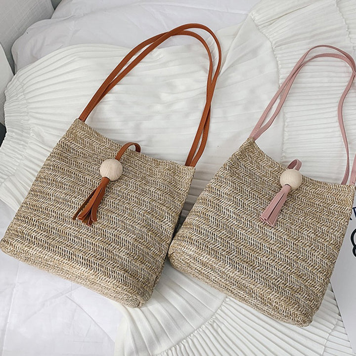 Summer Beach Women Straw Weave Handbag Wooden Ball Tassel Tote Shoulder Bag Image 4