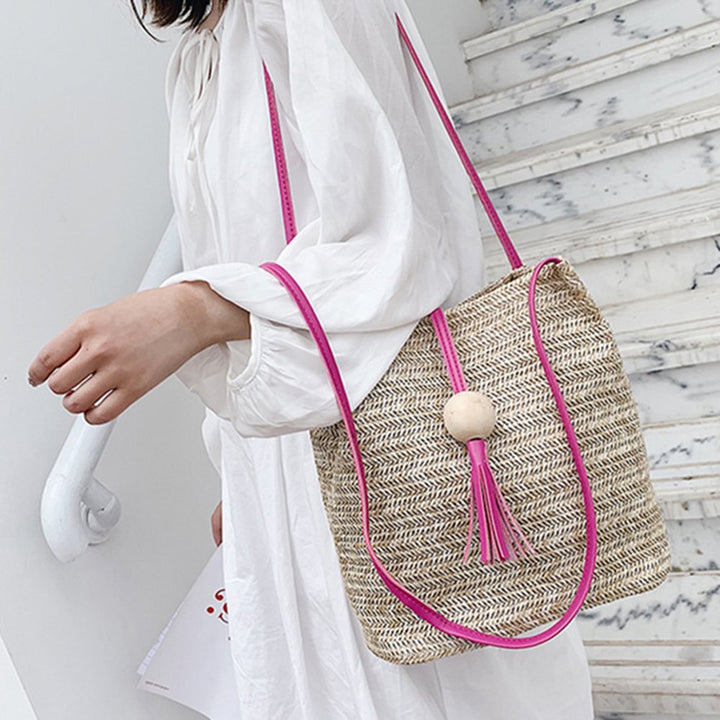 Summer Beach Women Straw Weave Handbag Wooden Ball Tassel Tote Shoulder Bag Image 6