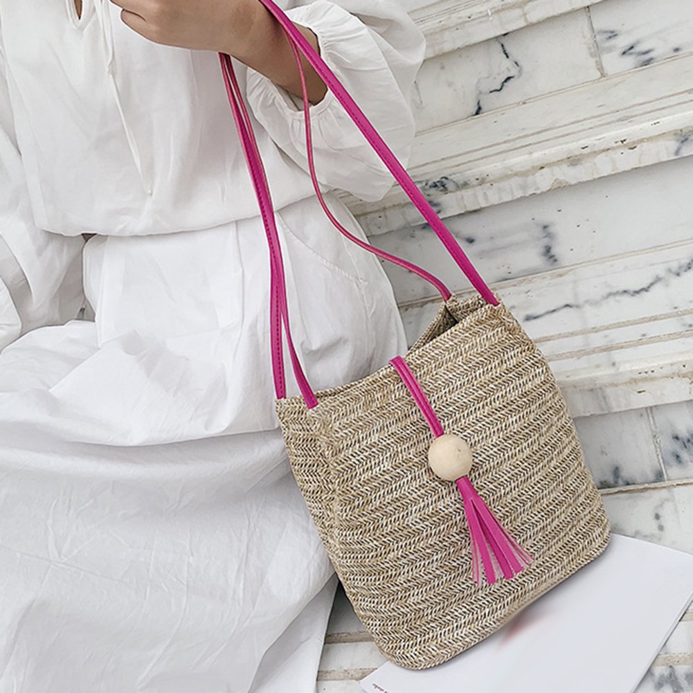 Summer Beach Women Straw Weave Handbag Wooden Ball Tassel Tote Shoulder Bag Image 7